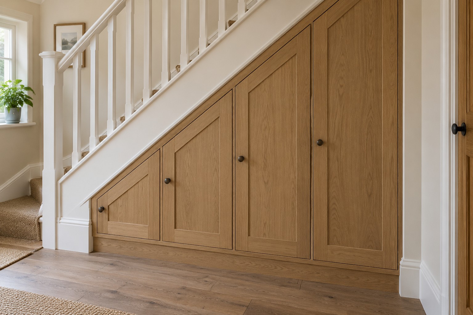 AI-generated design example of oak Shaker under-stairs storage